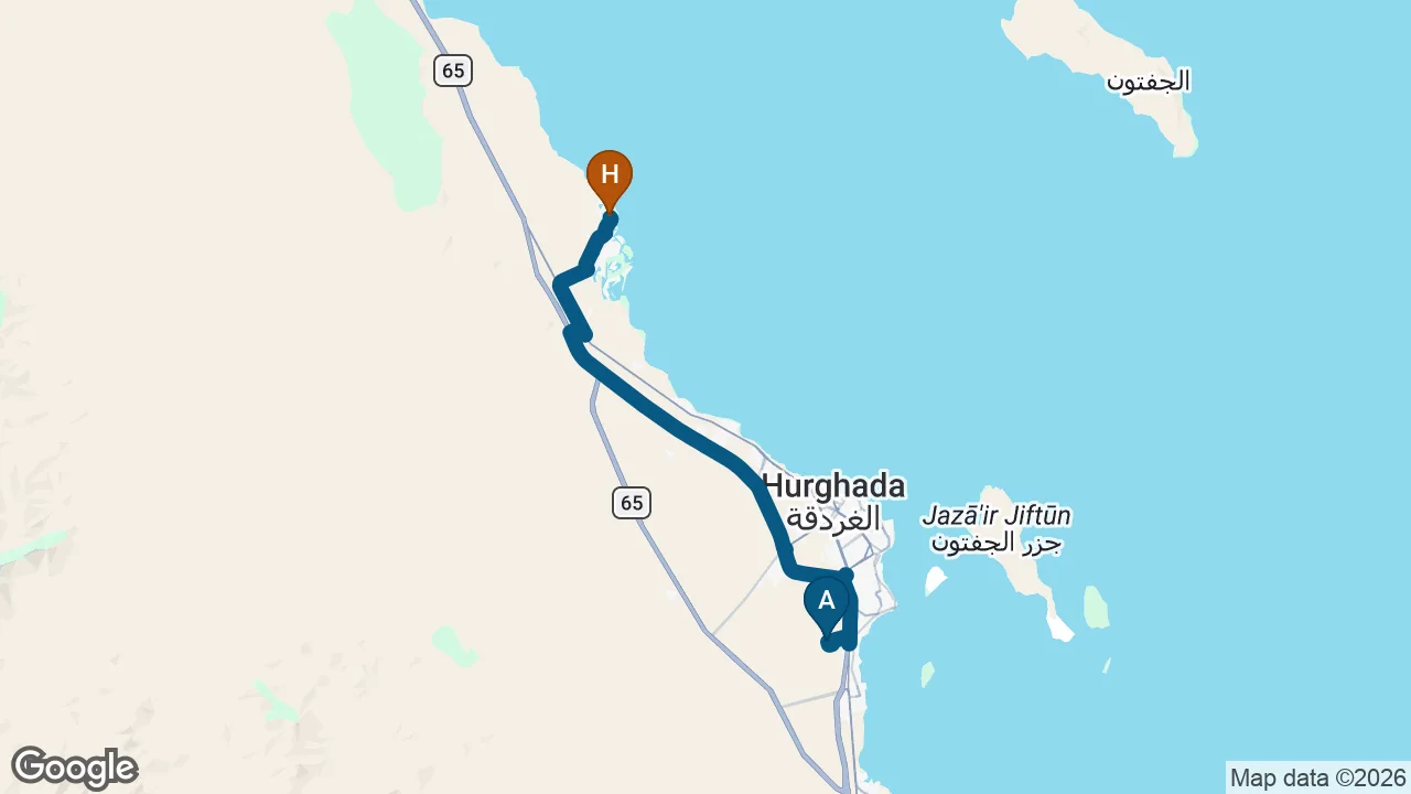 Driving route from Hurghada Airport to DoubleTree Mangroovy El Gouna